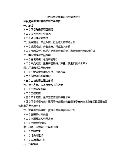 山西省中央预算内资金申请报告