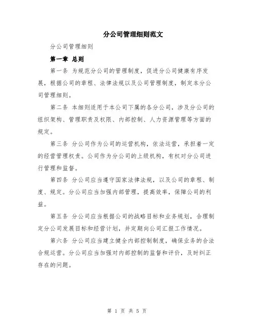分公司管理细则范文