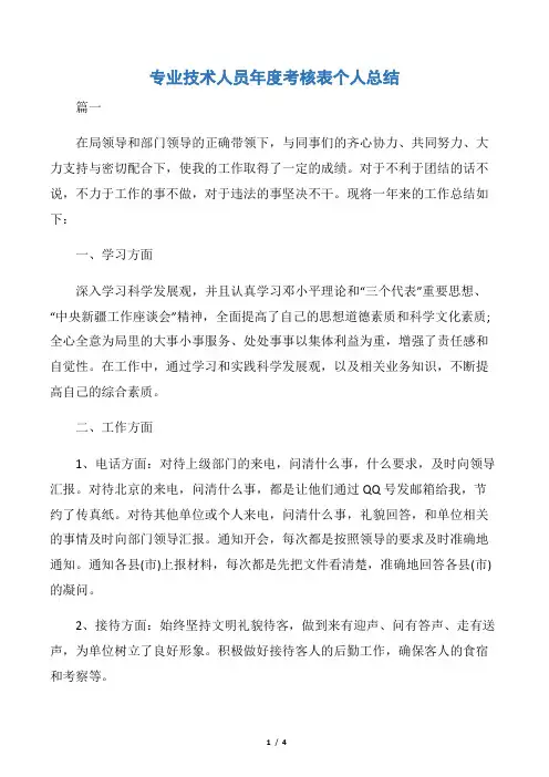 【技术工作总结】专业技术人员年度考核表个人总结