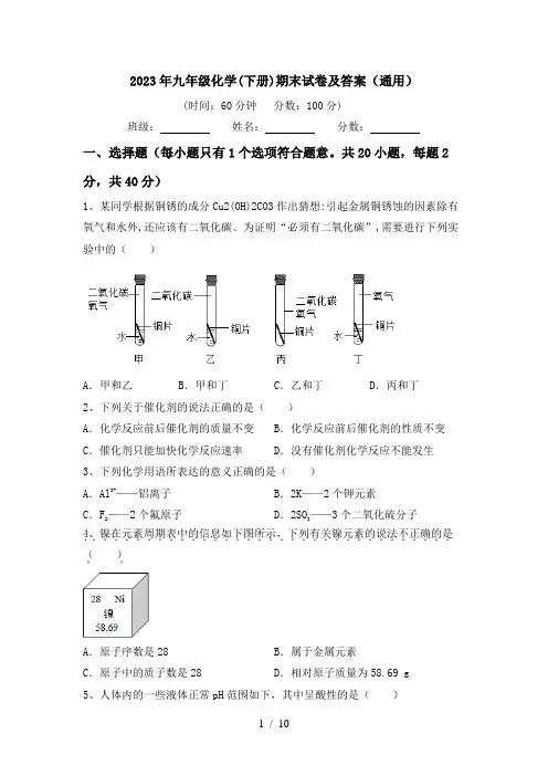 2023年九年级化学(下册)期末试卷及答案(通用)
