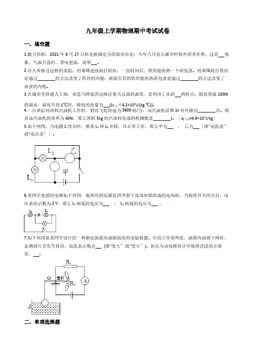 河南省信阳市九年级上学期物理期中考试试卷附答案解析