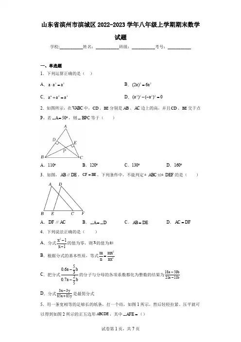 山东省滨州市滨城区2022-2023学年八年级上学期期末数学试题