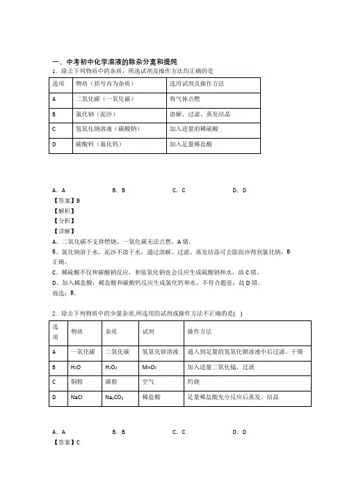 中考化学 溶液的除杂分离和提纯综合试题附答案