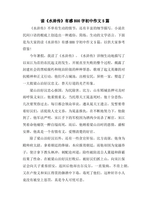 读《水浒传》有感800字初中作文5篇