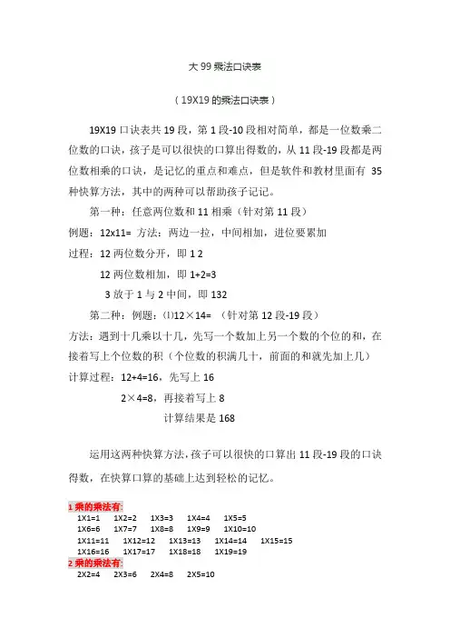 练习表可打印 大99乘法口诀表