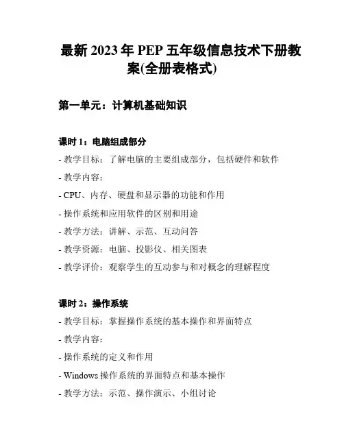 最新2023年PEP五年级信息技术下册教案(全册表格式)