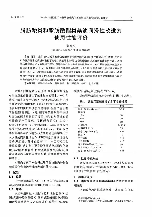脂肪酸类和脂肪酸酯类柴油润滑性改进剂使用性能评价