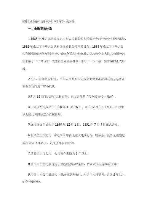 2021年证券从业金融市场基础知识必背内容数字篇