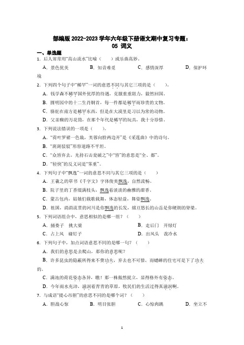 期中复习专题 05 词义(试题)部编版语文六年级下册