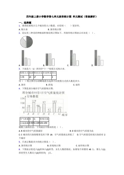 四年级上册小学数学第七单元条形统计图 单元测试(答案解析)