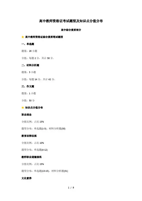 高中教师资格证考试题型及分值分布