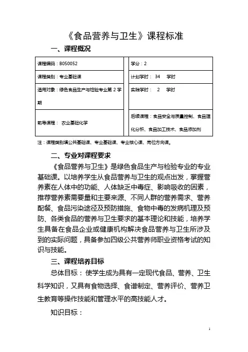 《食品营养与卫生》课程标准(食品检验)