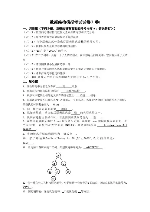 数据结构模拟考试试卷