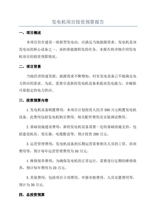 发电机项目投资预算报告