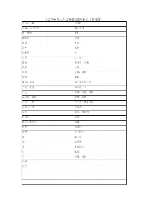 译林版七年级下册英语词汇表