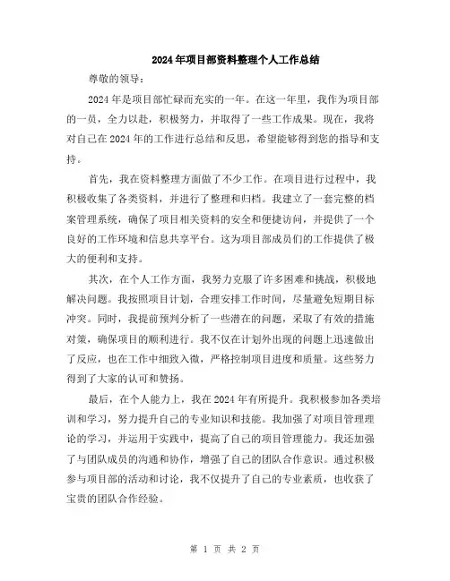 2024年项目部资料整理个人工作总结