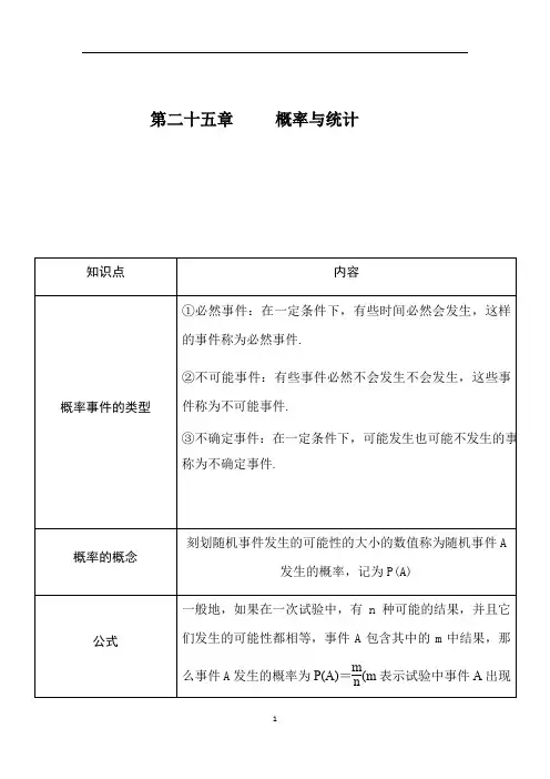 初中数学 人教版 九年级上册  第二十五章 概率初步 知识点及经典练习题
