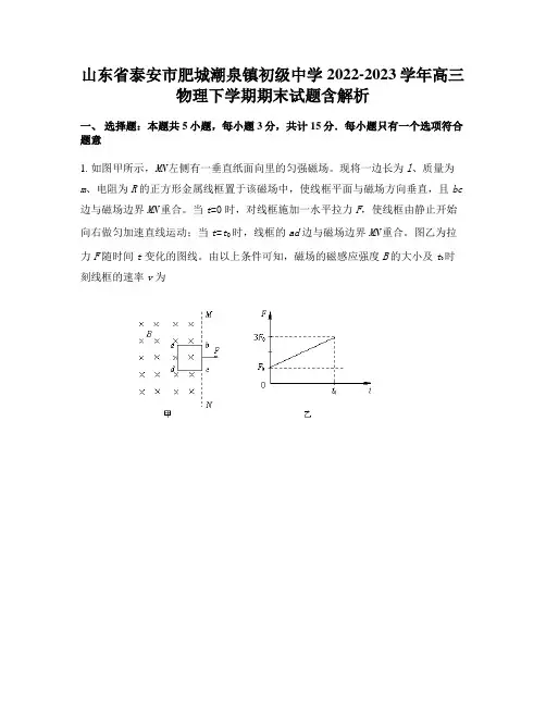 山东省泰安市肥城潮泉镇初级中学2022-2023学年高三物理下学期期末试题含解析