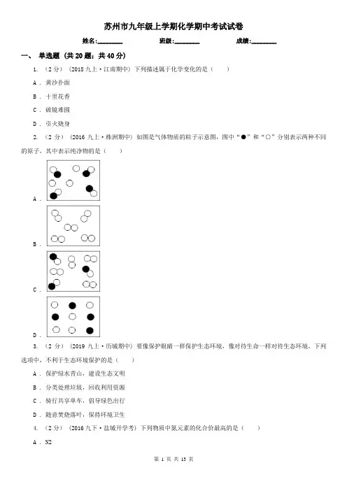 苏州市九年级上学期化学期中考试试卷  
