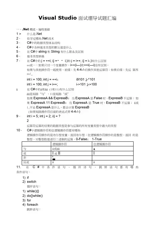VisualStudio面试辅导试题汇编.docx
