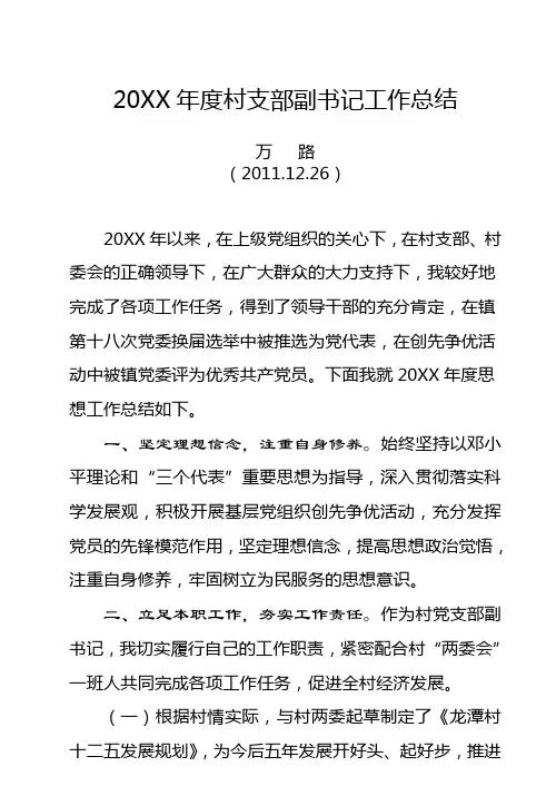20XX年度村支部副书记工作总结