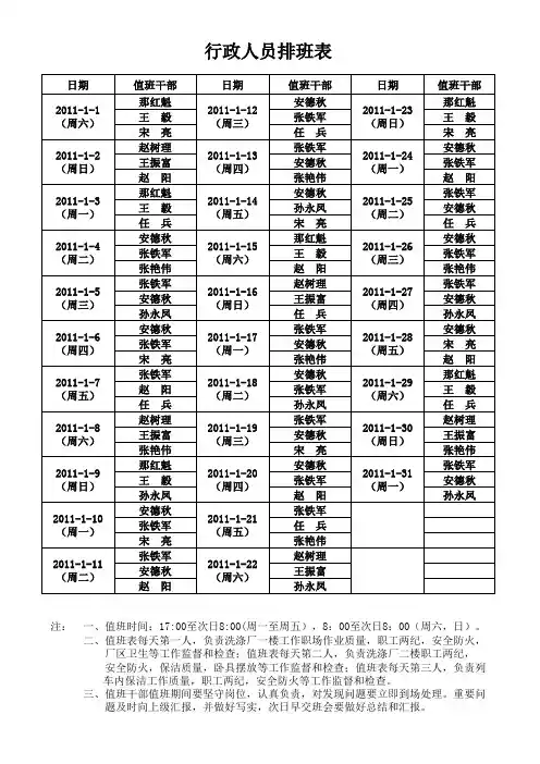 行政人员排班表