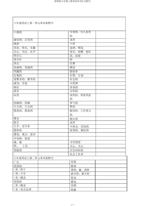 译林版八年级上册英语单词中文默写