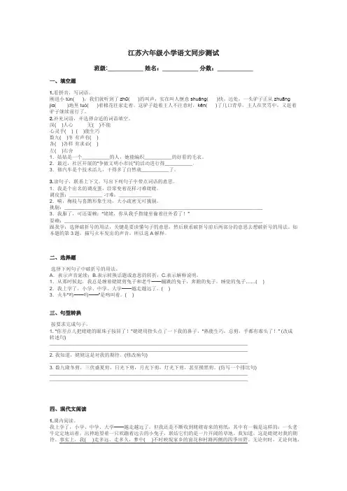江苏六年级小学语文同步测试带答案解析

