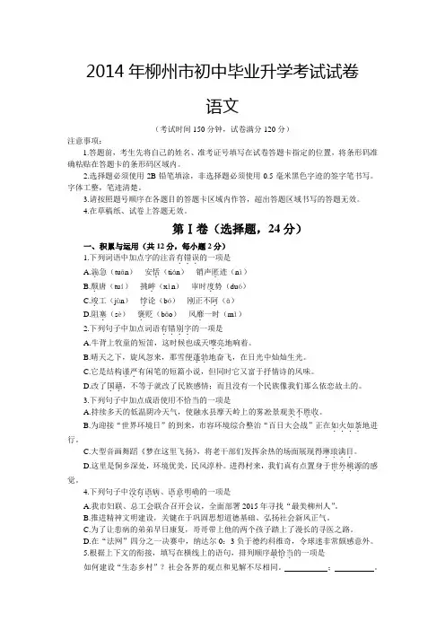 广西柳州市2015年中考语文试题