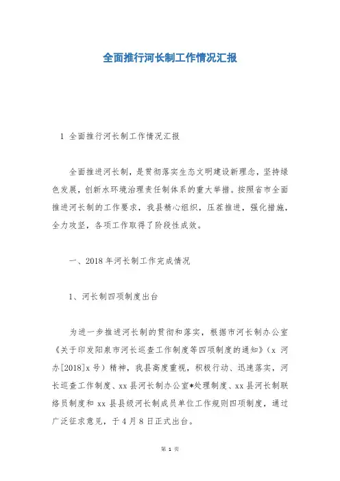 全面推行河长制工作情况汇报