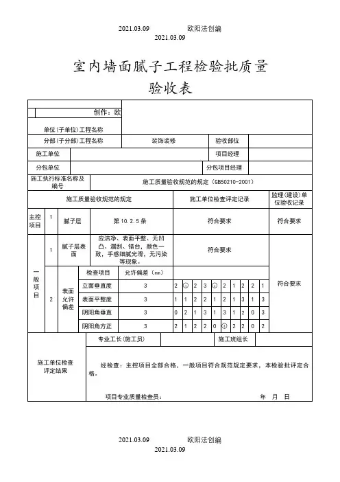 室内墙面腻子工程检验批质量验收表1之欧阳法创编