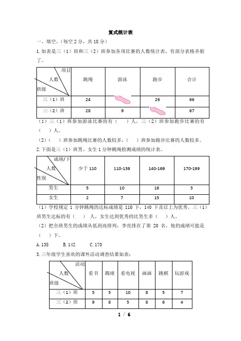 人教版小学三年级下册数学试题-3《复式统计表》测试题(含答案)