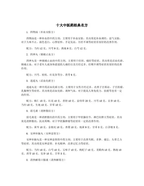 十大中医药经典名方