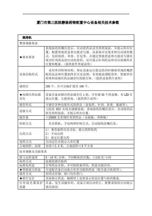 厦门第三医院静脉药物配置中心设备相关技术参数统排机整体规格
