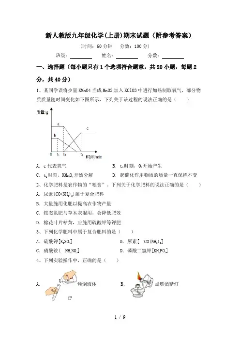新人教版九年级化学(上册)期末试题(附参考答案)