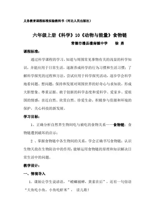 六年级《科学》动物与能量(教案)