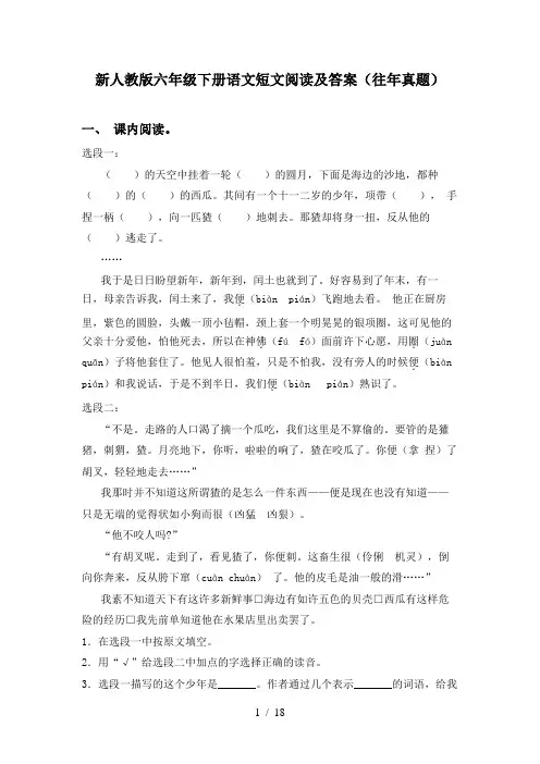 新人教版六年级下册语文短文阅读及答案(往年真题)