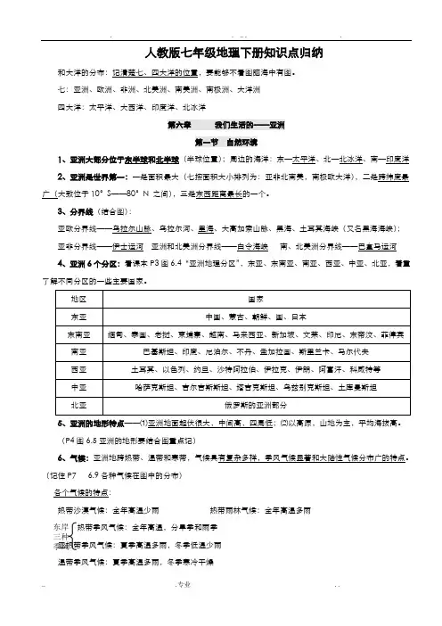 人教版七年级地理下册知识点归纳(最全)
