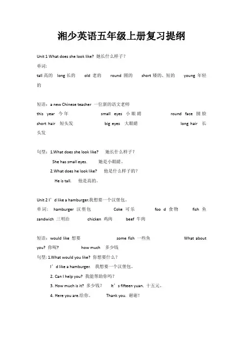 湘少版五年级英语上册知识归纳