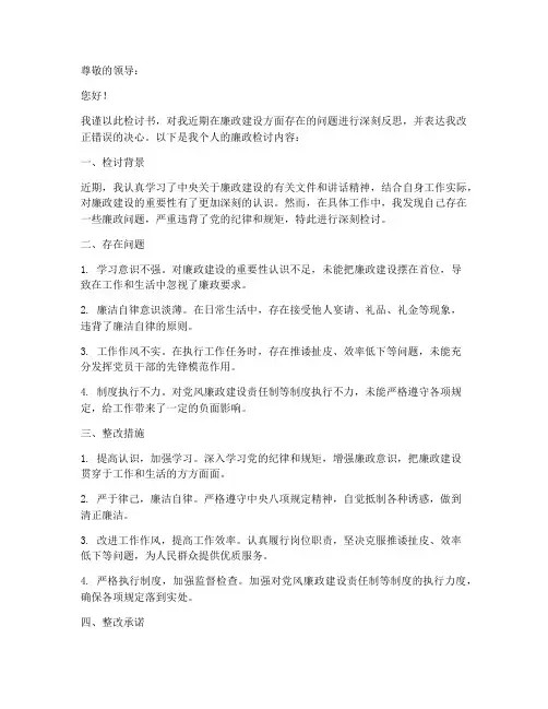个人廉政检讨书范文模板