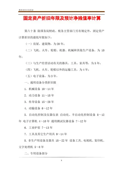 固定资产折旧年限及预计净残值率计算