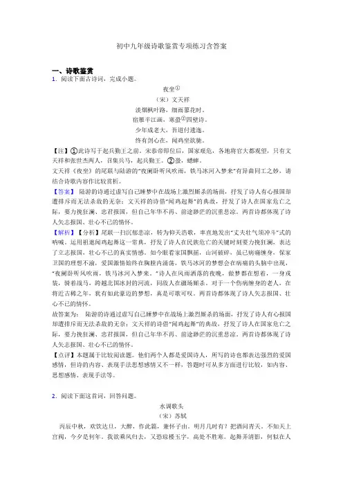 初中九年级诗歌鉴赏专项练习含答案