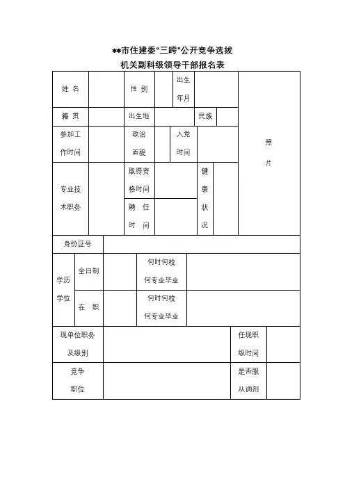 XX市住建委三跨公开竞争选拔机关副科级领导干部报名表【模板】