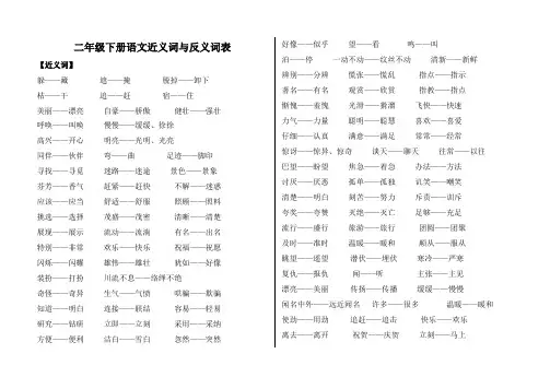 二年级下册语文近义词与反义词表