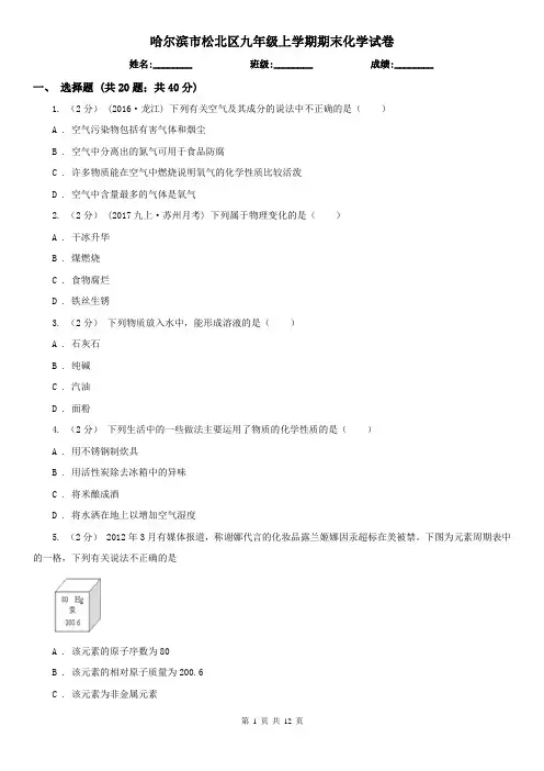 哈尔滨市松北区九年级上学期期末化学试卷