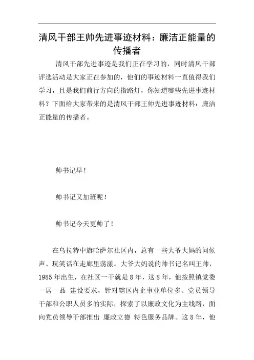 清风干部王帅先进事迹材料：廉洁正能量的传播者