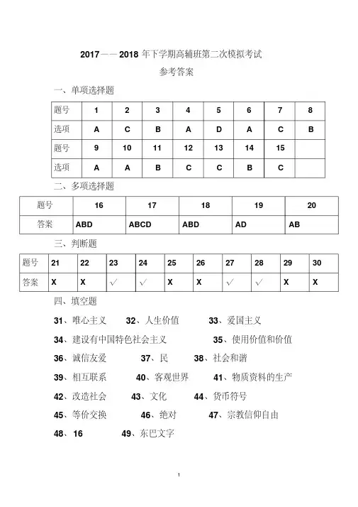 2018年三校生高考政治模拟题(二)-精选.pdf