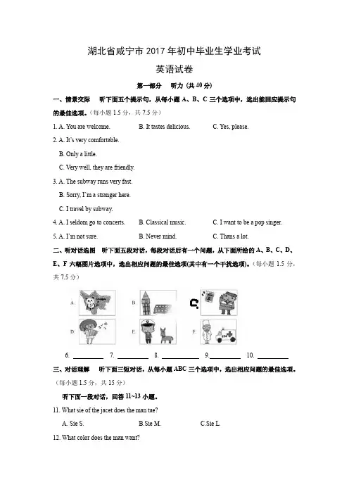 【英语】2017年湖北省咸宁市英语中考真题