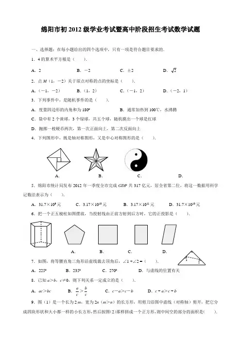 四川省绵阳市中考真题及答案