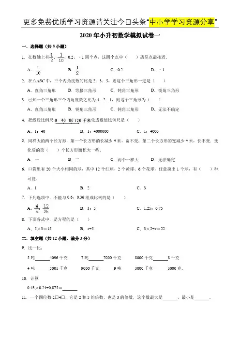 2020年小升初数学模拟试卷9套(精校全国通用)
